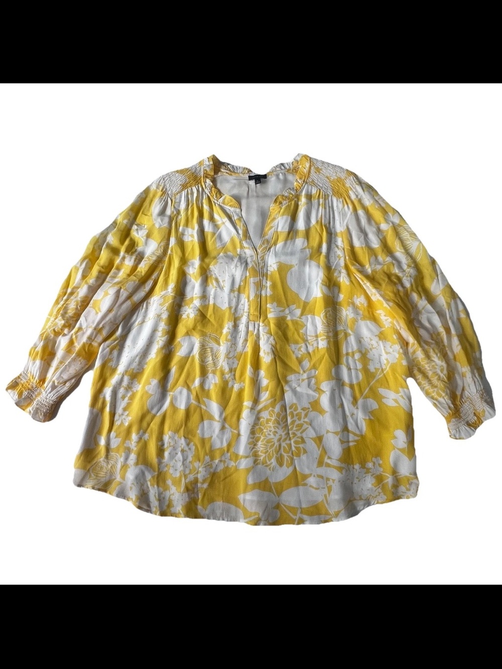Talbots Floral Butter Yellow Blouse Top Women’s XL  3/4 Sleeve Smocked Lined